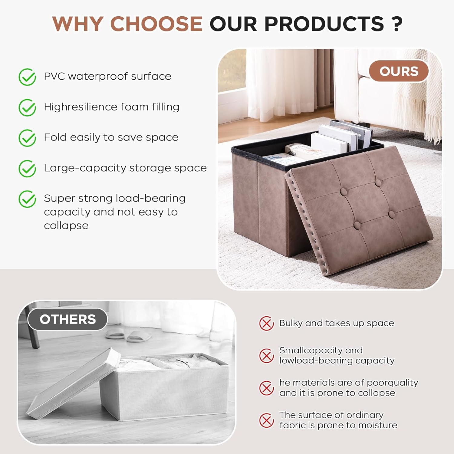 16 Inches Folding Cube Storage Ottoman, Small Leather Foot Rest Stool with Button Tufted Rivet Design, Footstool Bench, Ottoman with Storage for Living Room, Coffee Table 242 Lbs, Oak Brown