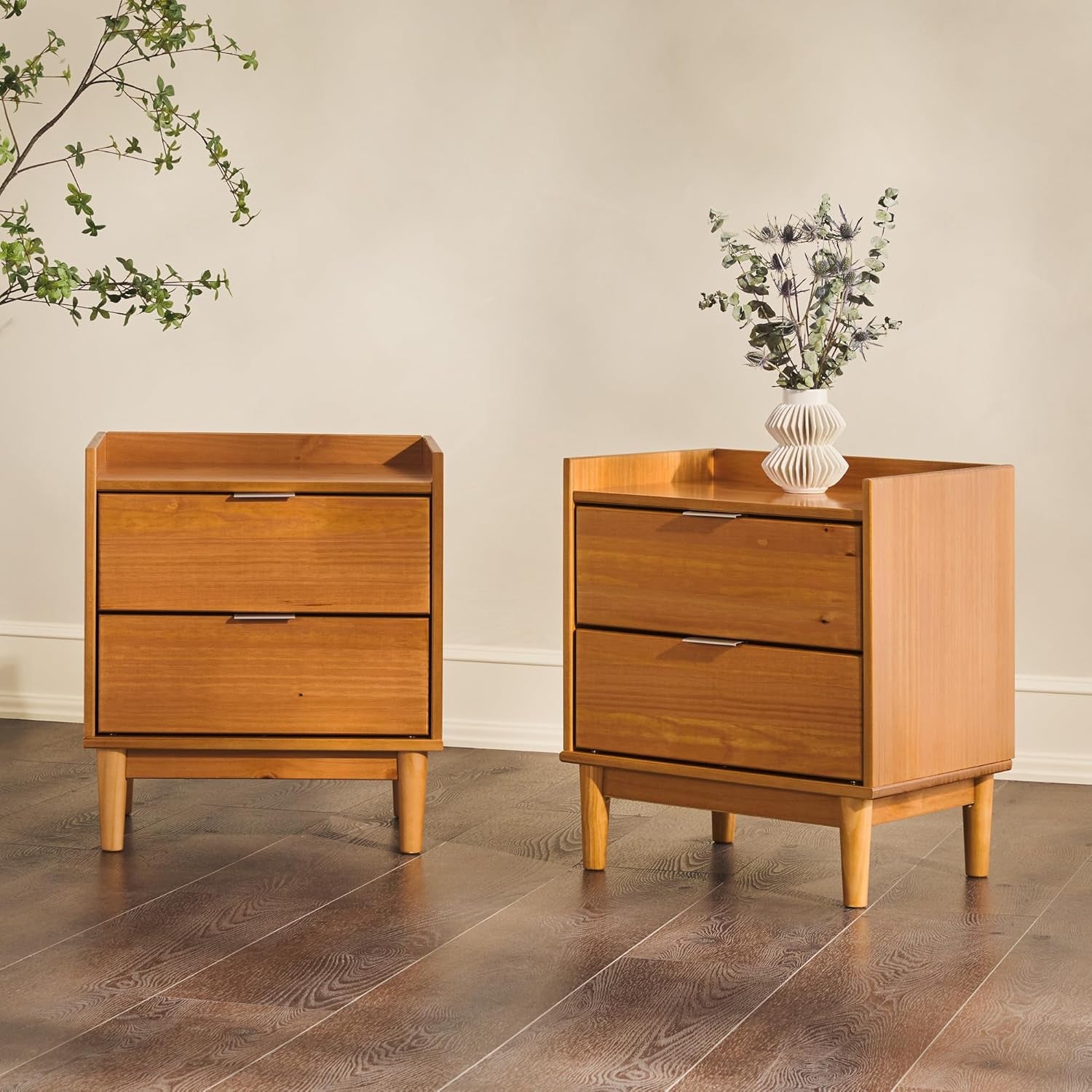 Mid-Century Modern 2-Drawer Solid Wood Nightstand, 20 Inch, Set of 2, Caramel