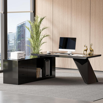 70.9" Modern L-Shape Executive Desk, Home Office Desk with Drawers & Cabinet Modern Computer Desk for Home Business Furniture, Black, Left Hand