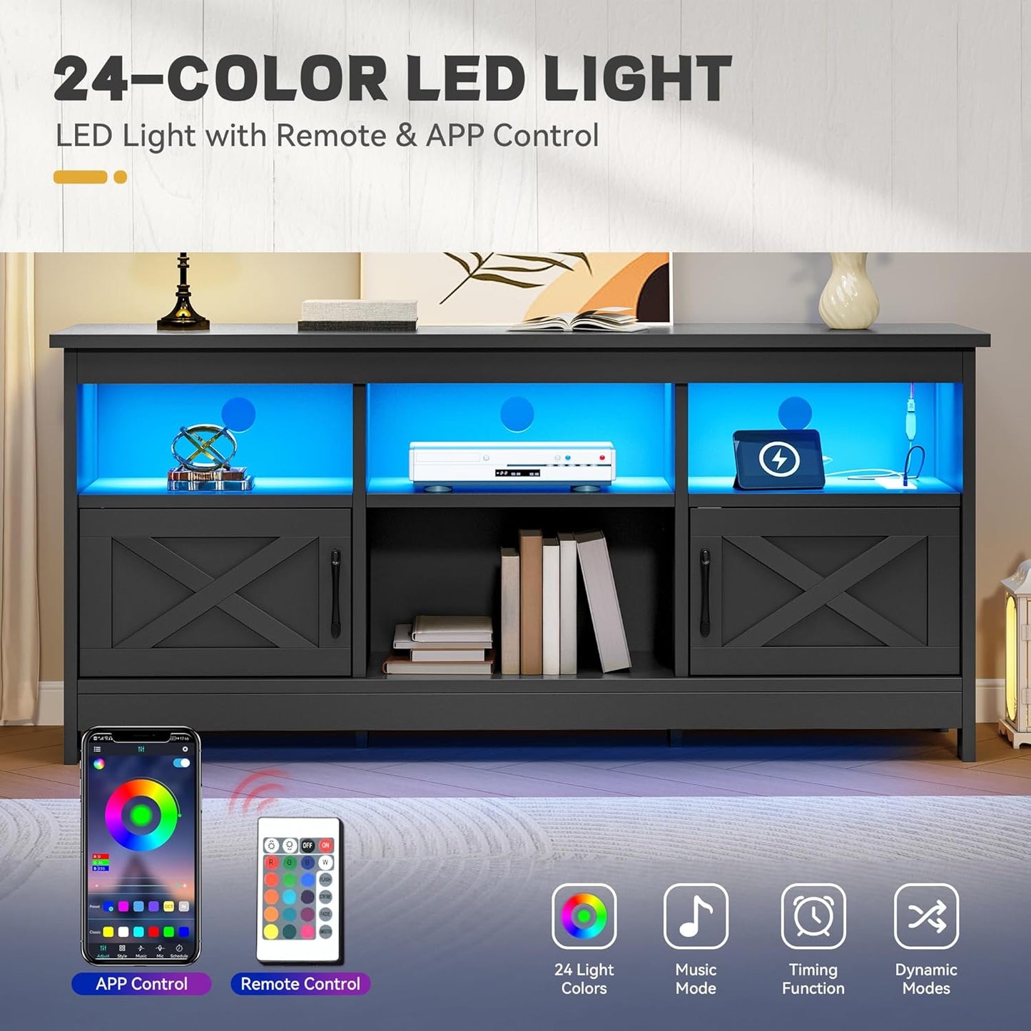 TV Stand for 65 Inch Tvs, Entertainment Center with Storage Cabinets, Power Outlet & LED Light, Media TV Console with Barn Doors for Living Room, Black