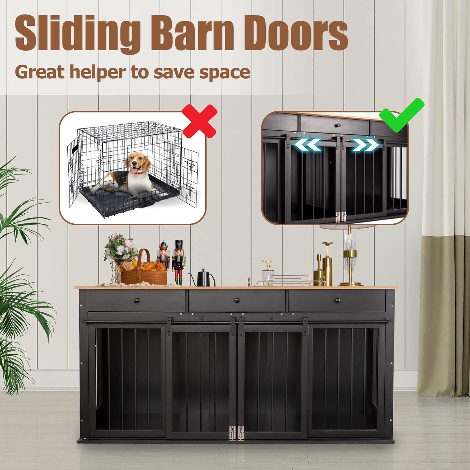 Dog Crate Furniture with Divider,Wooden Dog Kennel End Table,Large Breed Dog House Indoor for One Large Dog or Two Small Dogs,Double Doors,White,47''W*24''D*35''H