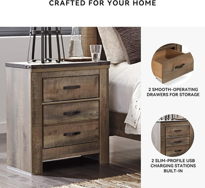 Signature Design by Ashley Trinell Rustic 2 Drawer Nightstand with USB Charging Stations, 29.65" Tall, Warm Brown