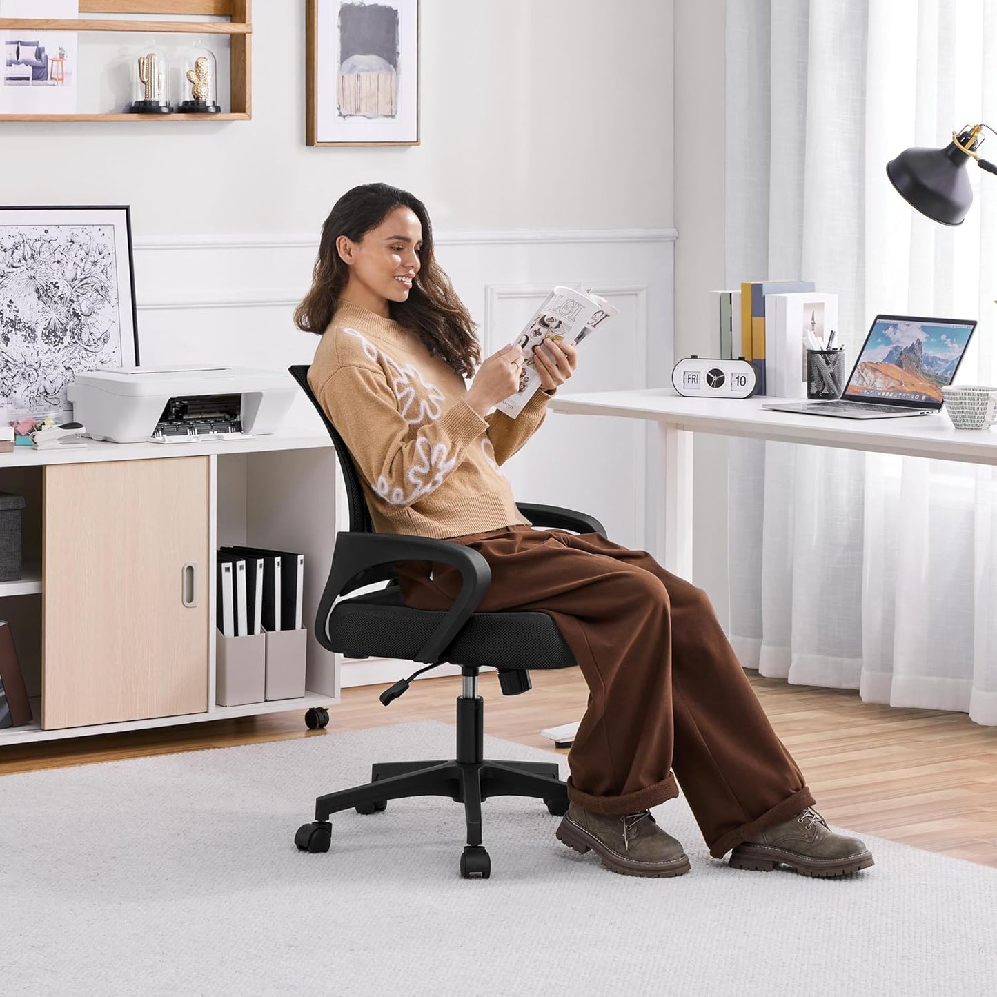 Mid-Back Mesh Office Chair Adjustable Ergonomic Computer Task Chair Swivel Rolling with Lumbar Support Armrest for Home Office Work Study, Black
