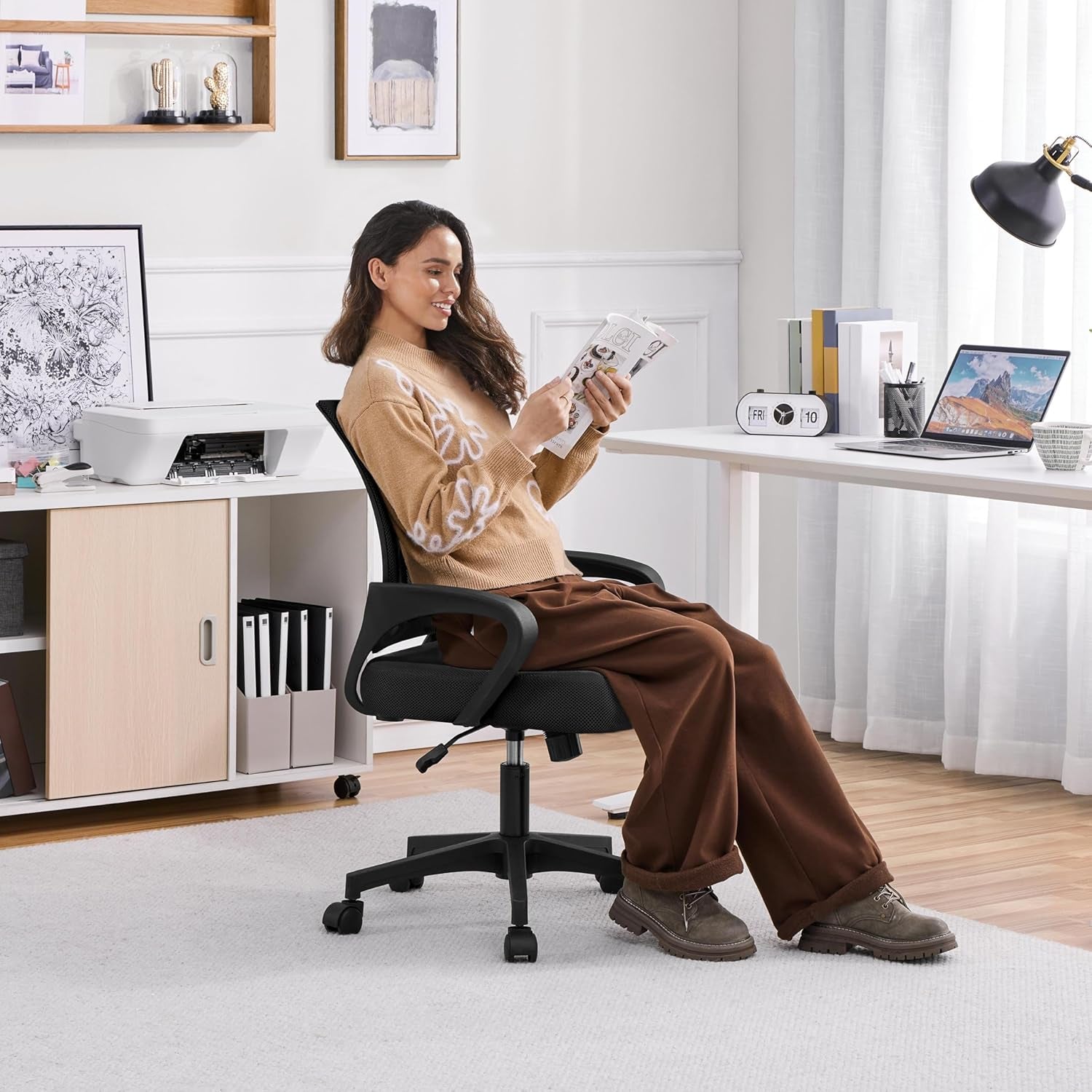 Mid-Back Mesh Office Chair Adjustable Ergonomic Computer Task Chair Swivel Rolling with Lumbar Support Armrest for Home Office Work Study, Black