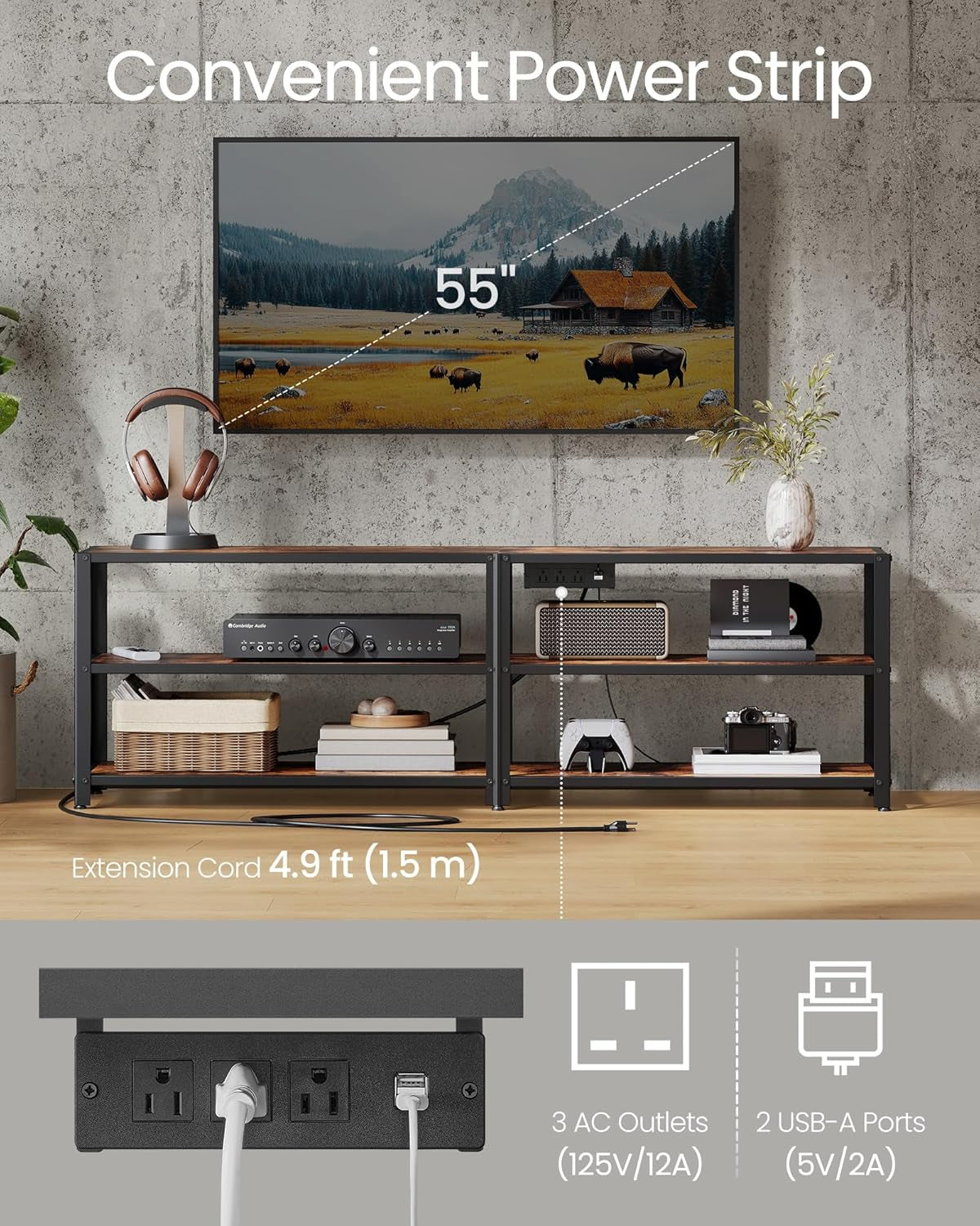 TV Stand with Power Outlets and LED Lights, for Tvs up to 65 Inches, Entertainment Center with Open Storage Shelves, TV Console Table for Living Room, Rustic Brown and Ink Black ULTV118K01