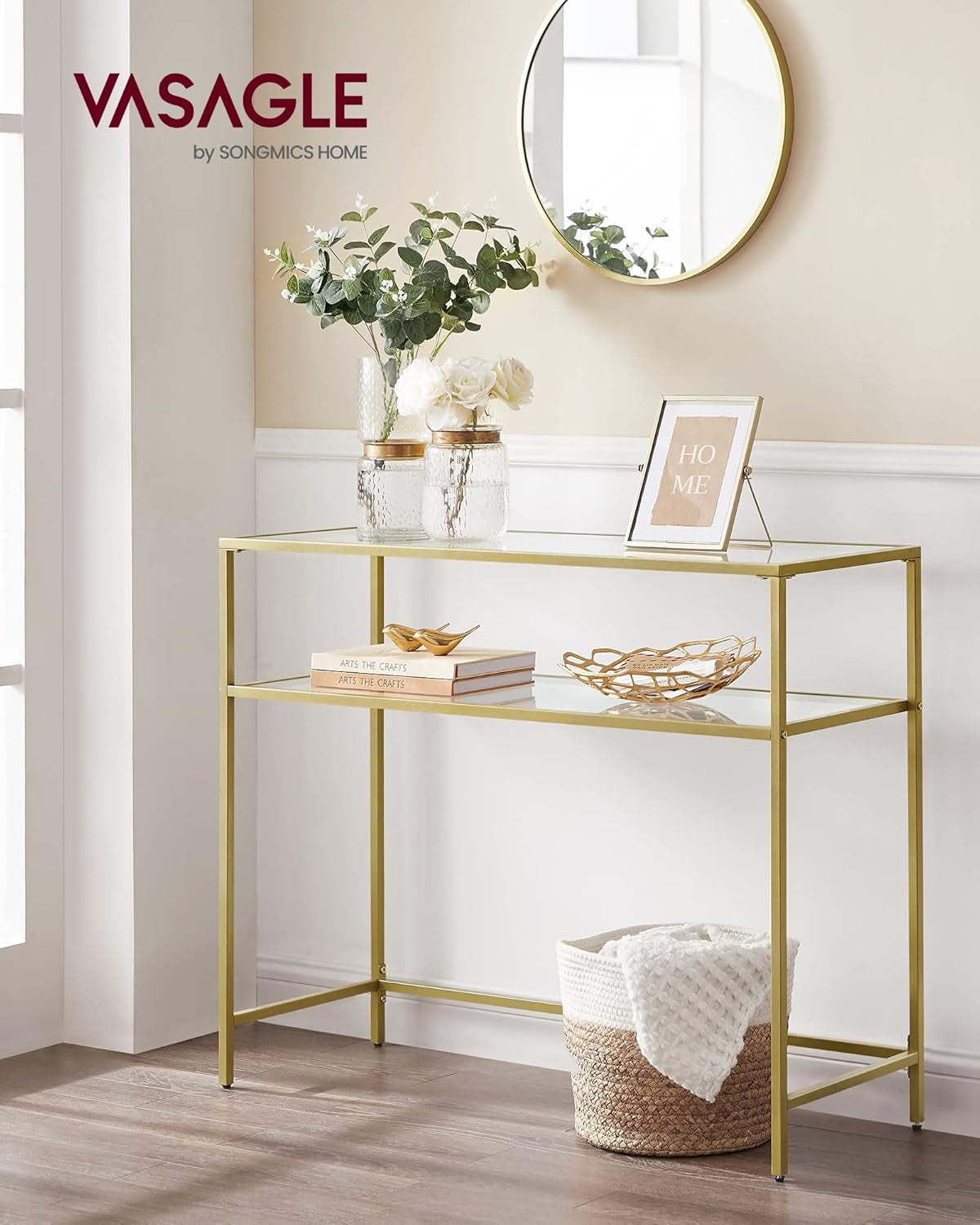 39.4 Inch Console Sofa Table, Modern Entryway Table, Tempered Glass Table, Metal Frame, 2 Shelves, Adjustable Feet, for Living Room, Hallway, Gold Color ULGT025A01