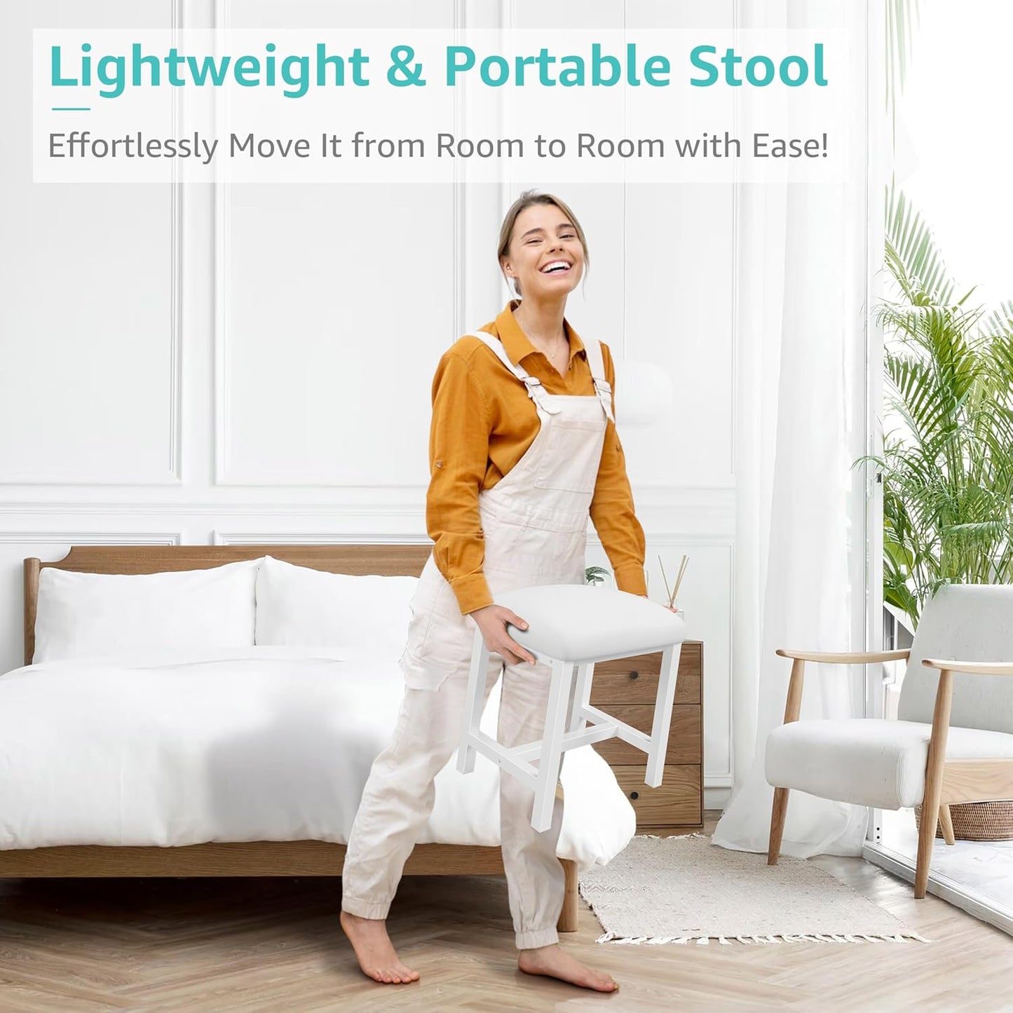 Small Vanity Stool, Cute Vanity Stools with Cushion, White Makeup Vanity Chair for Small Spaces, Living Room, Bedroom, Bathroom, Entryway, Ottoman Foot Rest for Couch Sillas Modern