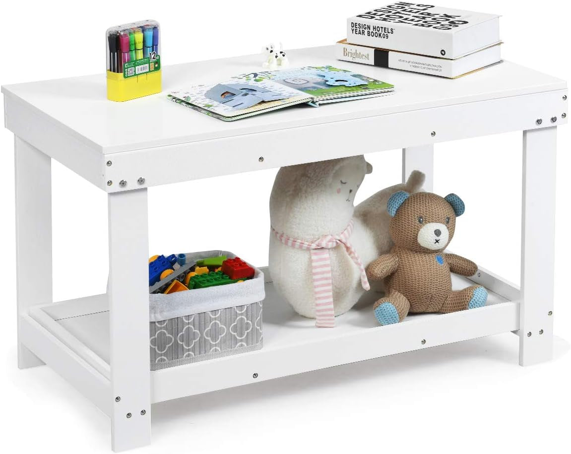2 in 1 Kids Activity Table W/Storage, Patented Building Block Table W/Board for Bricks Crafts Arts Draw, Children Solid Wood Play Table Desk for Preschool Toddler Boy & Girl Gift, White