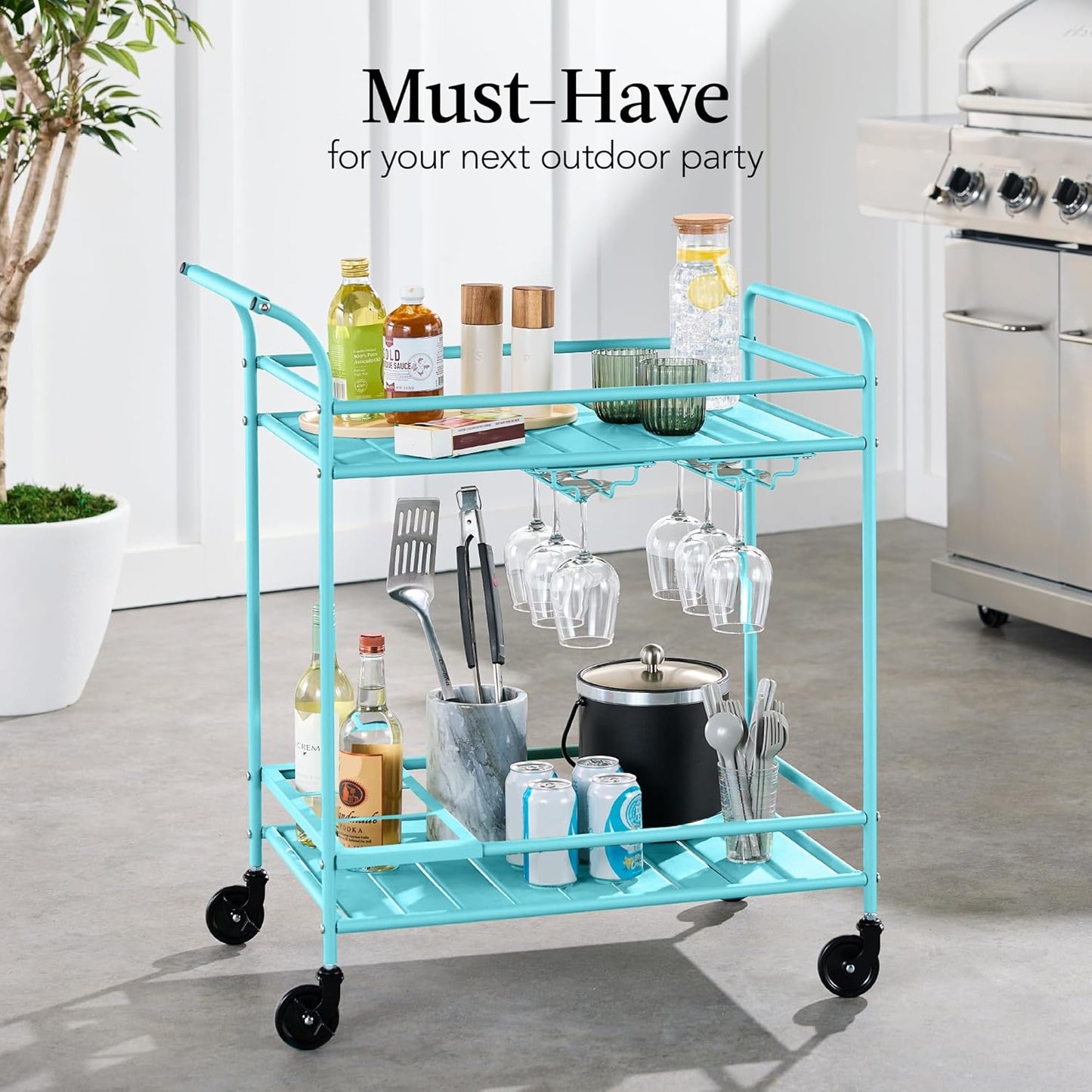 Rolling Bar Cart, Mobile Home Bar Serving Cart, Serving Station W/ 2 Tier Shelves, Wine Rack, Lockable Wheels - Teal