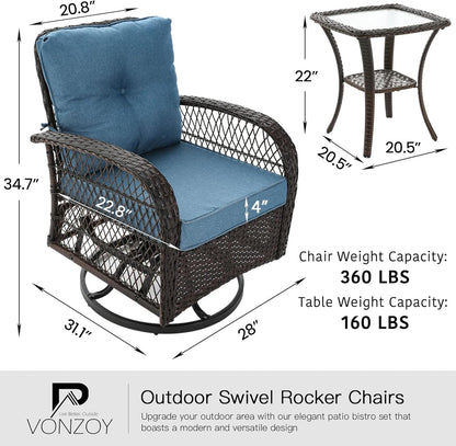 3 Pieces Patio Furniture Set, Outdoor Swivel Glider Rocker, Wicker Patio Bistro Set with Rocking Chair, Thickened Cushions and Table for Porch (Blue)