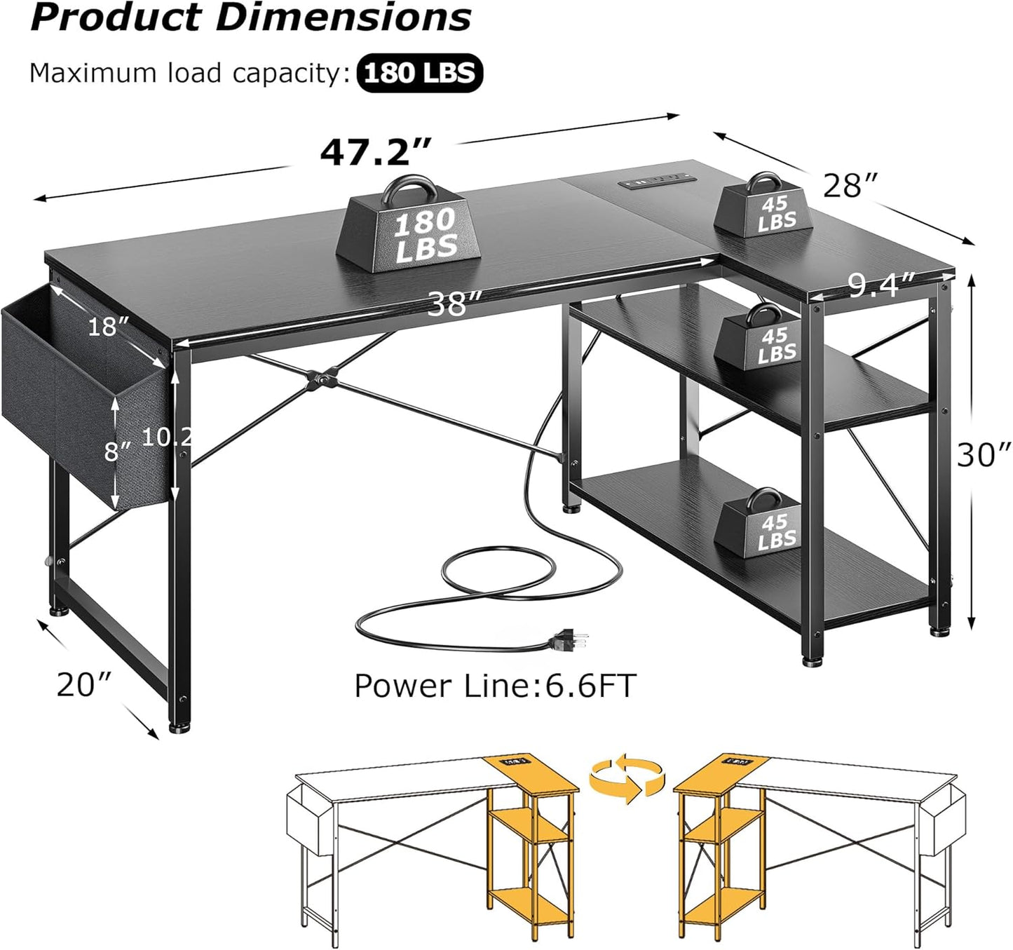 48" L Shaped Desk Office Desk with Power Outlets,Computer Desk with Reversible Storage Shelves & Side Bag,Small Gaming Desk for Gaming Working Small Space Home Office Bedroom,Black
