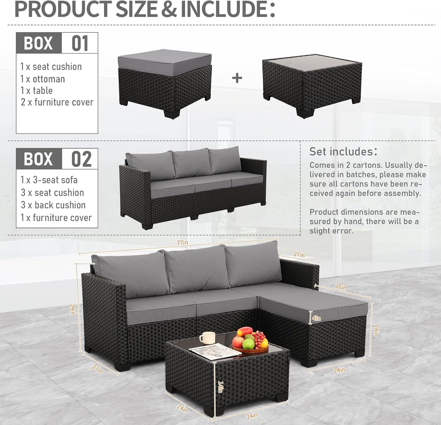 Wicker Patio Furniture Patio Couch 3 Pieces Outdoor Sectional with Ottoman and Outdoor Glass Table Weathering Anti-Slip Cushions Furniture Covers, Light Grey