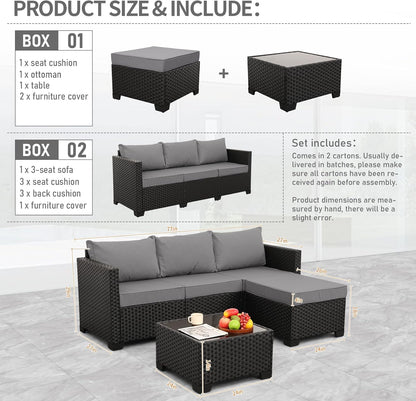 Wicker Patio Furniture Patio Couch 3 Pieces Outdoor Sectional with Ottoman and Outdoor Glass Table Weathering Anti-Slip Cushions Furniture Covers, Light Grey