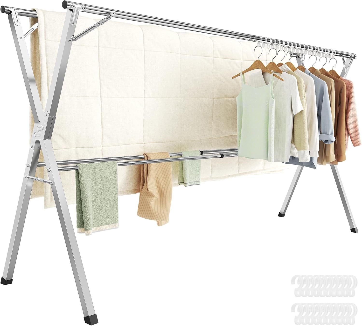 Clothes Drying Rack, Heavy-Duty Laundry Drying Rack, 56.3-93.7 Inches Extendable, Foldable Freestanding Airer, Stainless Steel, for Indoor Outdoor Use, Dove Gray ULLR903E01