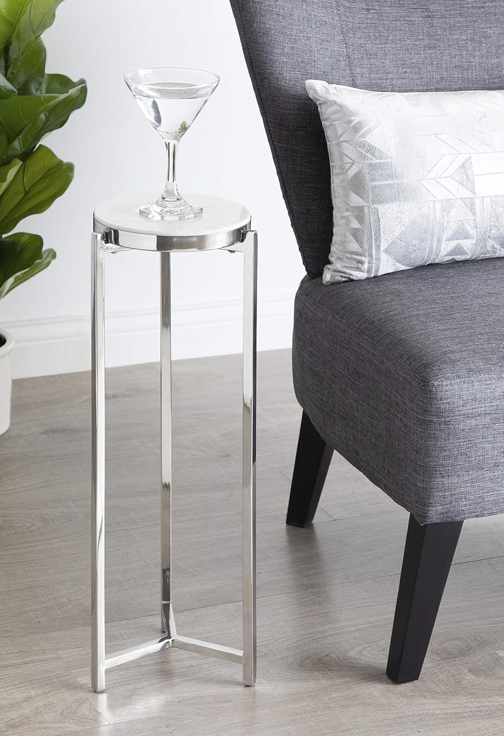 Aguilar Glam round Drink Table, 8 X 8 X 23, Silver and White, Small Accent Table for Use as Plant Pedestal Stand with Marble Tabletop