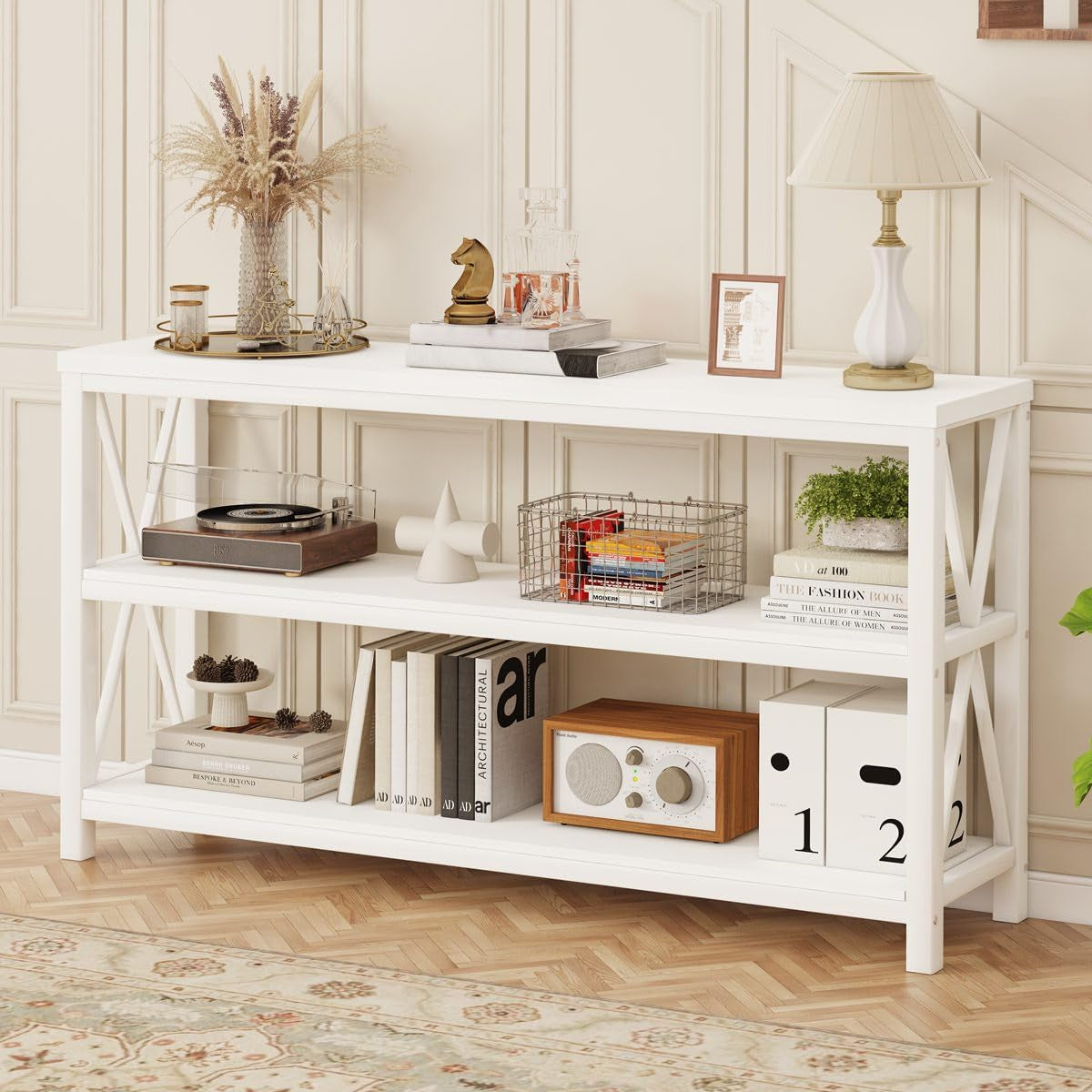 Console Table for Entryway, Long Sofa Table with 3 Tier Shelves, Modern White Hallway Tables for Living Room (55 Inch, White Oak)