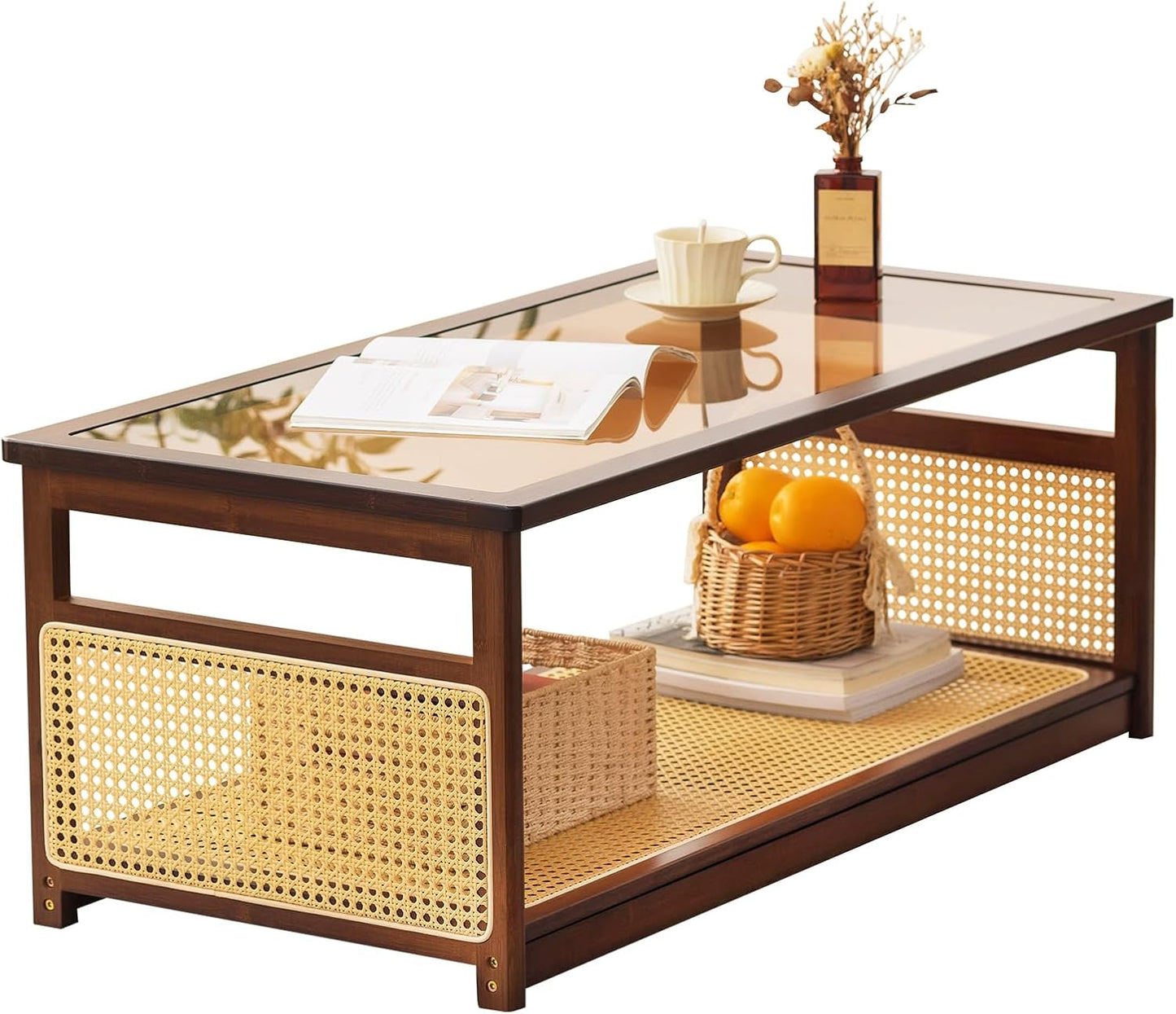 Coffee Tables for Living Room，Mid Century Modern Storage 2-Tier Coffee Tables，Rattan Glass Rectangletables，Suitable for Living Room Apartment，Brown