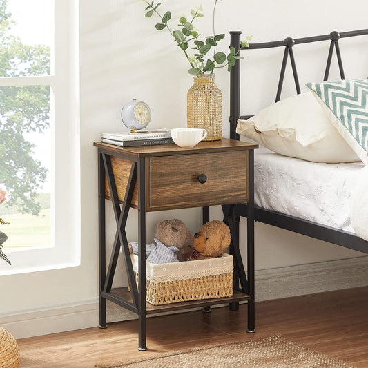 Nightstands Set of 2, Modern Bedside End Tables, Night Stands with Drawer and Storage Shelf for Living Room Bedroom, Industrial Metal Frame