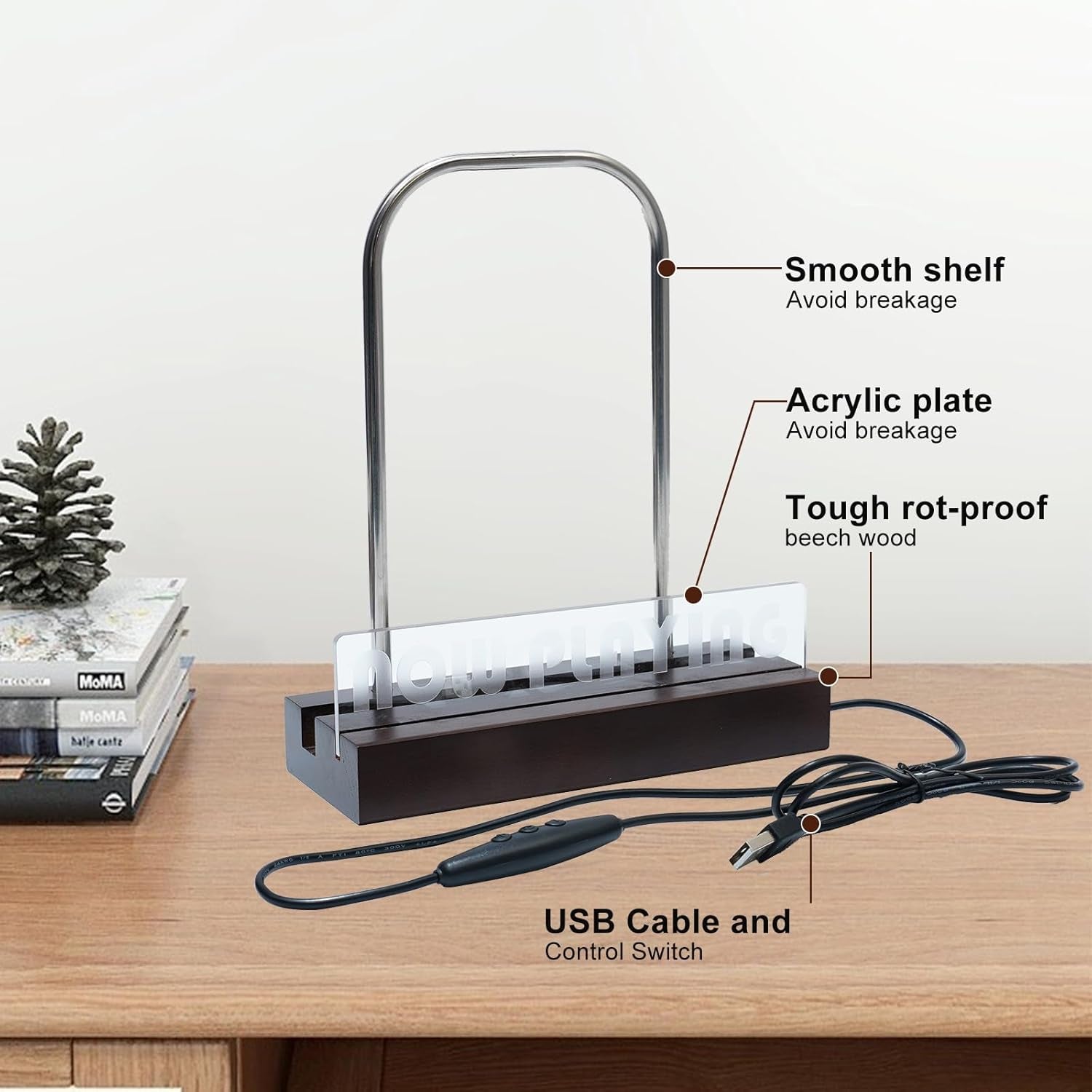 Now Playing Vinyl Stand - LED Light Vinyl Record Display, Wooden Storage Holder, Accessories for Record Collectors