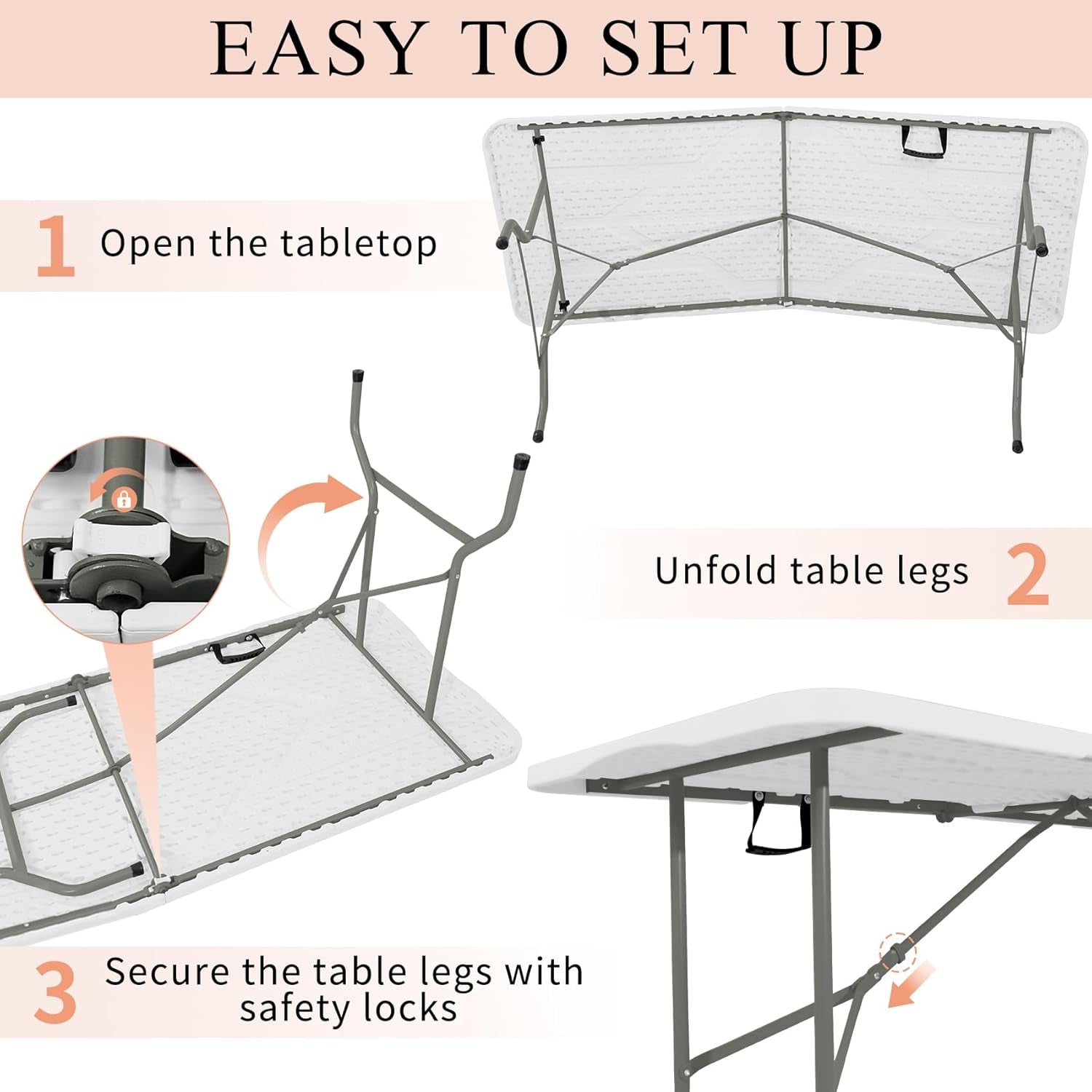 Set of 2 Folding Tables with Carrying Handle Lightweight Rectangular Portable Plastic Camping Table Steel Legs for Party, Dining, Wedding, Events, Picnic Indoor, Outdoor (6FT, White)
