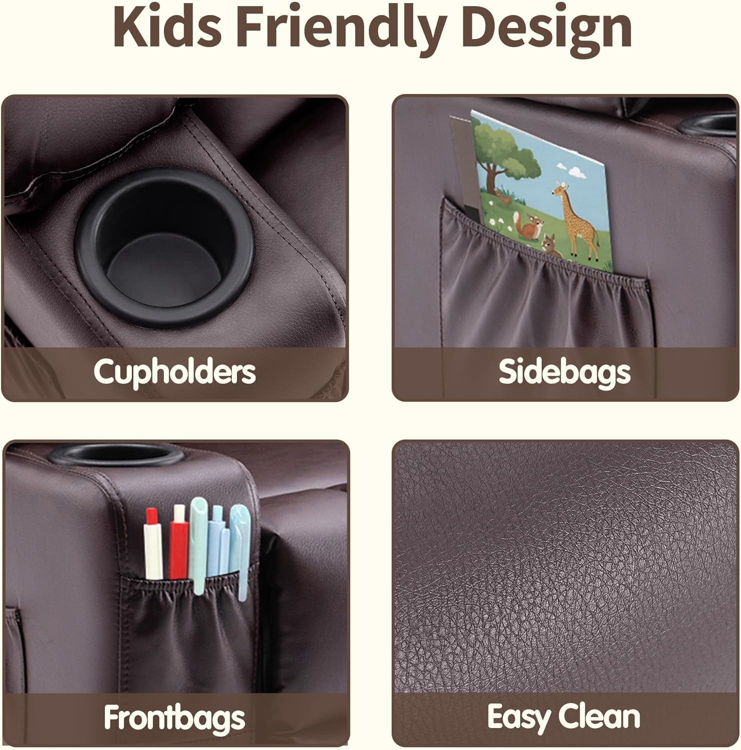 Big Kids Recliner for Ages 3+, Child Reclining Chair, Toddlers Recliner Sofa with Cup Holders (Faux Leather, Dark Brown)