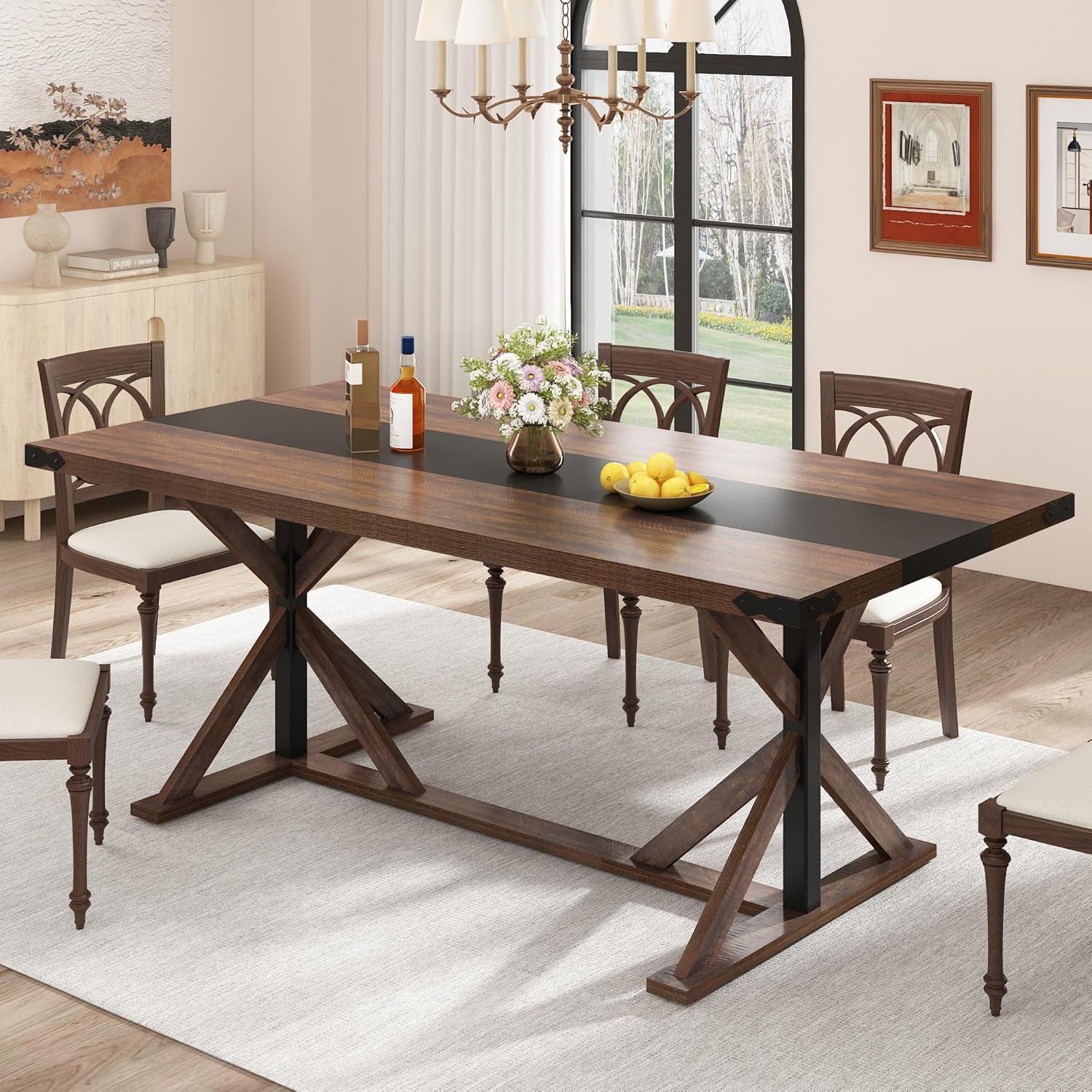 71 Inch Dining Table for 6 People, Rectangular Kitchen Farmhouse Table W/Thickness Waterproof Wood Tabletop,Long Dining Room Tables W/Wood Strip Base for Kitchen Living Room(Br)