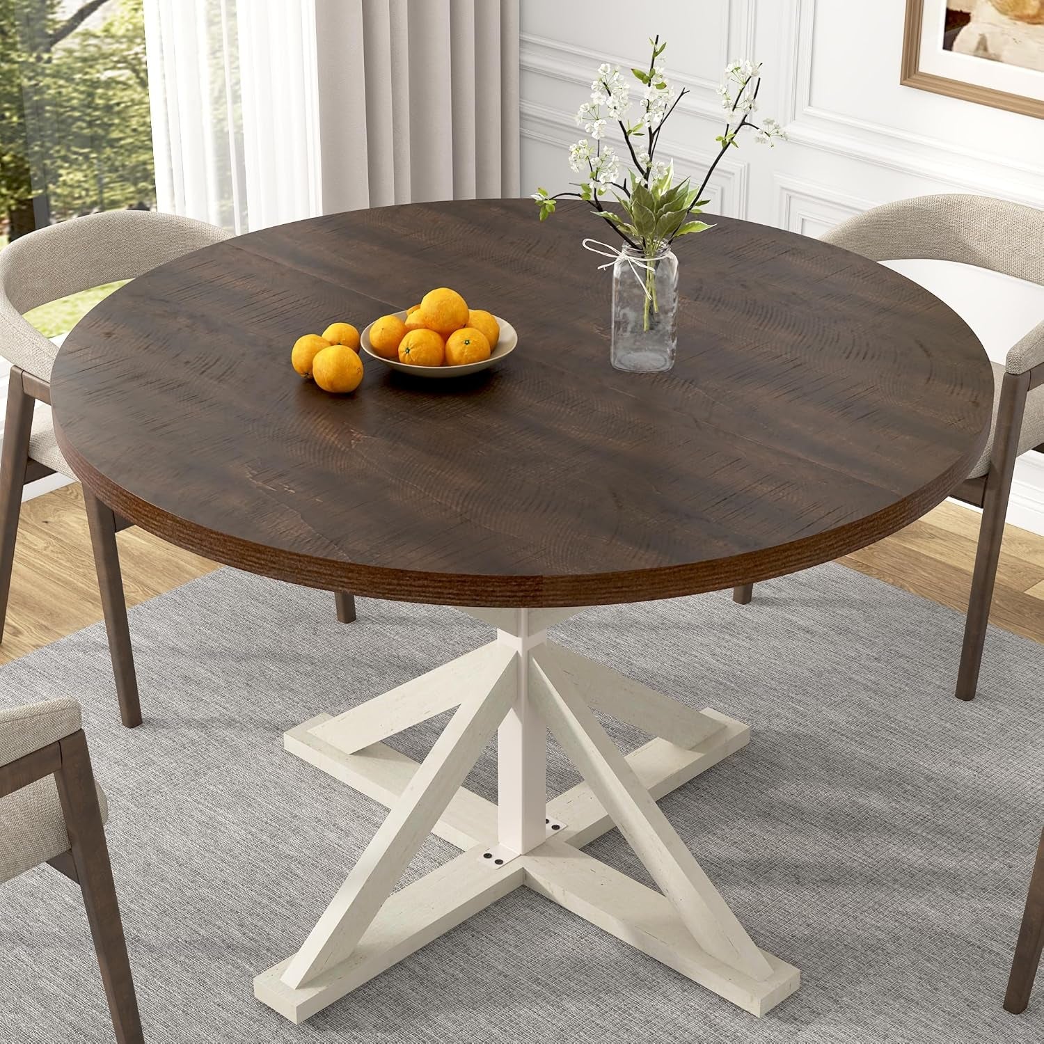 Round Wood Dining Table for Kitchen,Dining Room,Living Room,Farmhouse Dinner Tables W/Thickened Brown Waterproof Tabletop for 4 People,47 Inch Rustic Kitchen Table W/Metal Support