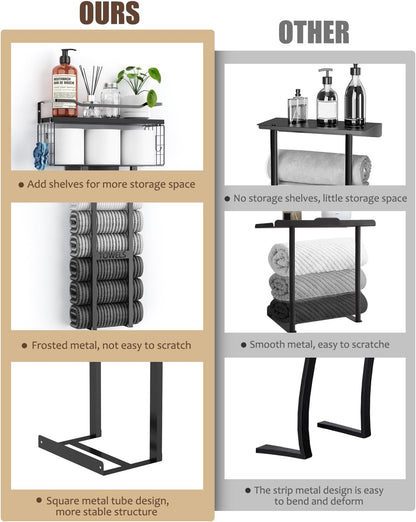 Towel Racks for Bathroom 31Inch Wall Mounted Towel Rack,Floating Shelf with Wood Plank,Towel Storage for Bathroom Can Holds 6 Large Rolled Towels,All Black