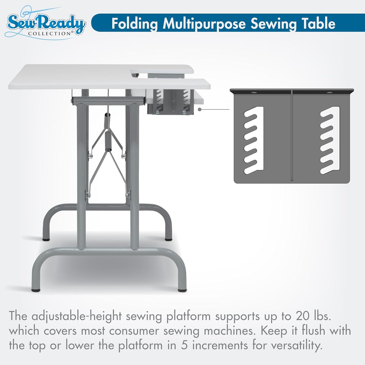Folding Multipurpose Sewing Table - 47.5" W X 28" D Foldable White Hobby and Sewing Machine Table with Adjustable Shelf - Can Also Be Used as Computer Desk