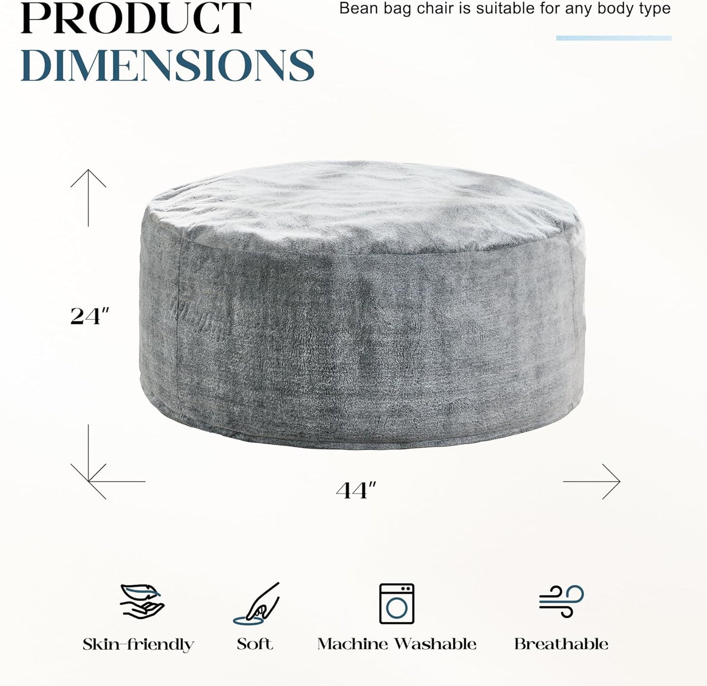 Bean Bag Chairs Giant Beanbag Chair with Filler, Memory Foam Bean Bags with Fluffy & Machine Washable Cover, Bean Bag Chairs for Aduts for Living Room, Bedroom (Grey, 4FT - 44” X 44” X 24”)