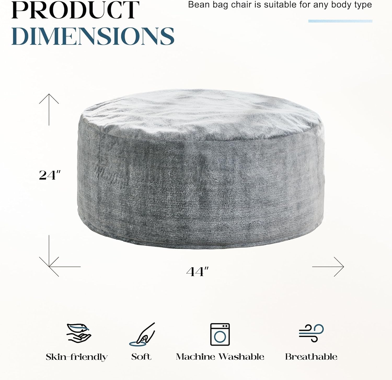 Bean Bag Chairs Giant Beanbag Chair with Filler, Memory Foam Bean Bags with Fluffy & Machine Washable Cover, Bean Bag Chairs for Aduts for Living Room, Bedroom (Grey, 4FT - 44” X 44” X 24”)