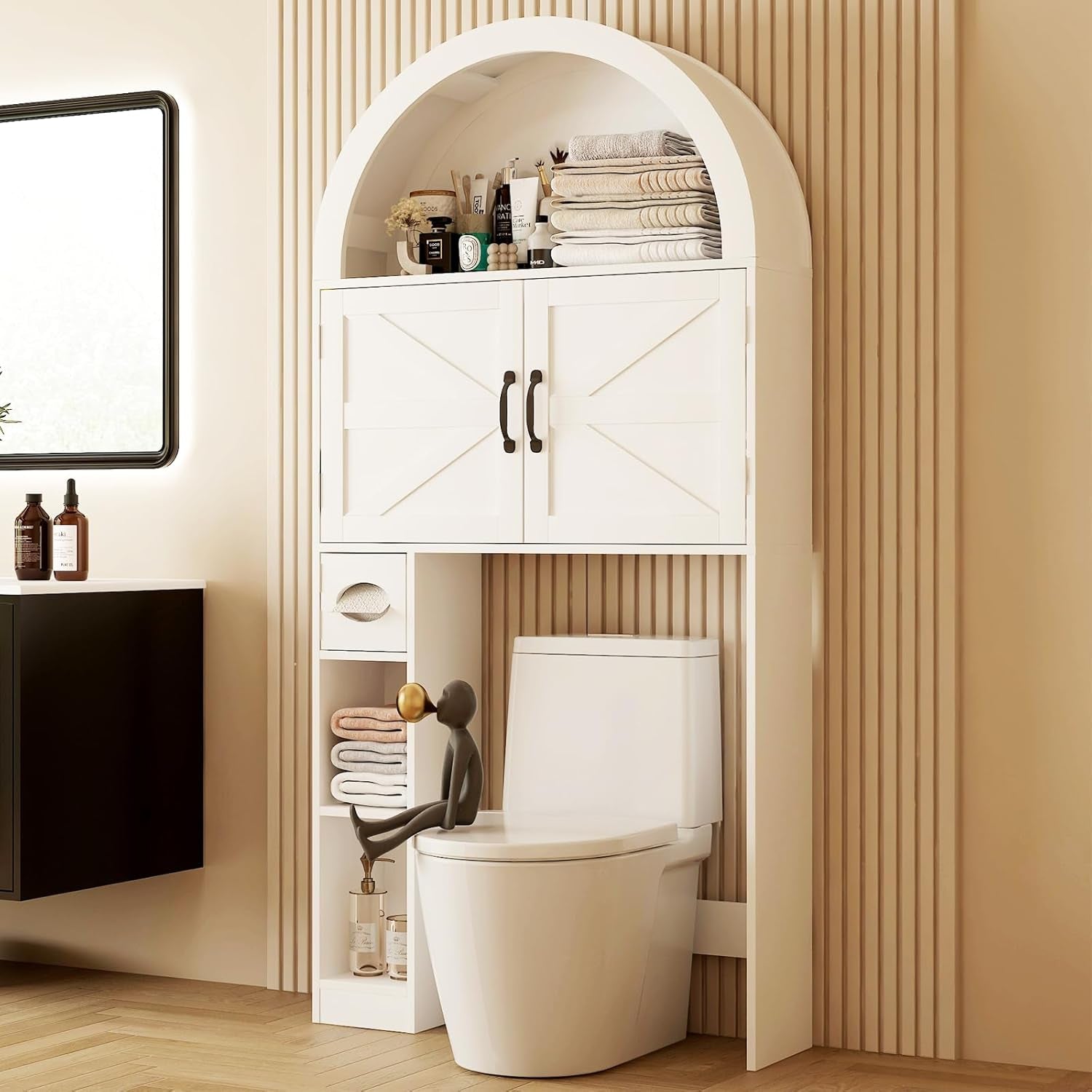 Over the Toilet Storage Cabinet, Farmhouse Bathroom Organizers and Storage with 2 Barn Door & Toilet Paper Holder Stand，Home Space-Saving Toilet Rack, for Bathroom, Restroom and Laundry, White