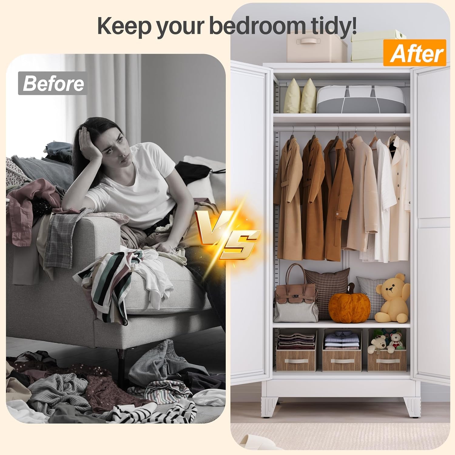 RIETERN Metal Armoire Wardrobe Closet, 71" Tall Bedroom Closet with Mirror, Adjustable Shelves, and Hanging Rod, Steel Clothes Closets and Storage, for Bedroom White
