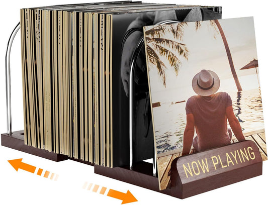 Expandable Vinyl Record Storage, 30-70 Lps Adjustable Now Playing Record Holder for Albums, Wood Now Spinning Vinyl Record Stand Display Rack Organizer, Gift Package, Effortless Assembly