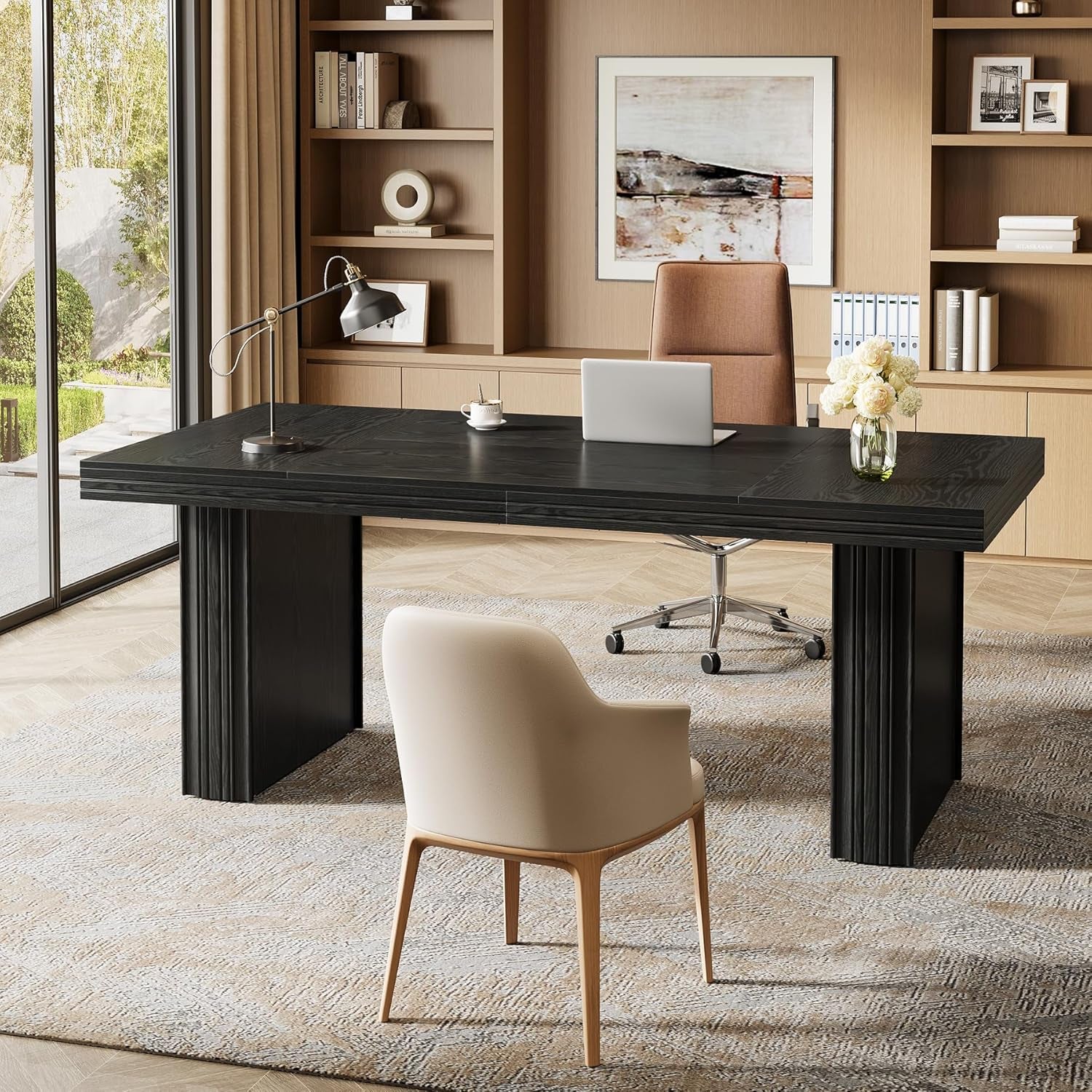 63" Executive Desk, Large Office Computer Desk with Heavy-Duty Legs and Thickened Desktop, Elegant Writing Workstation Study Table Conference Table for Office, Black