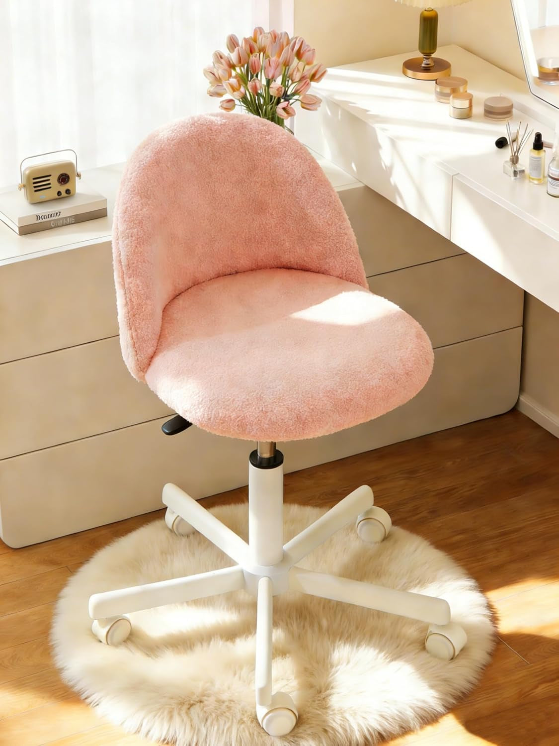 Pink Vanity Chair with Wheels - Swivel Makeup Chair Small Computer Chair with Back Adjustable Height Desk Chair for Girl & Woman, Cozy Fuzzy Velvet Chair for Bedroom & Home Office