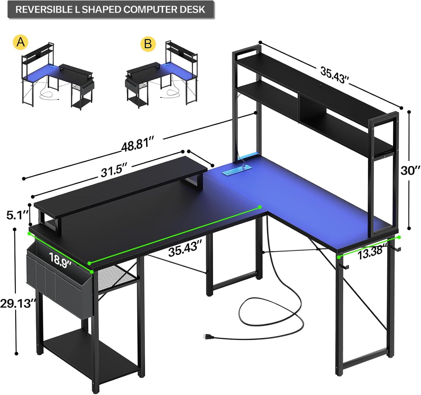 Small L Shaped Gaming Desk with LED Lights & Power Outlets, Reversible L-Shaped Computer Desk with Monitor Stand & Storage Shelf, Corner Desks Home Office Desk with Storage Bag, Black