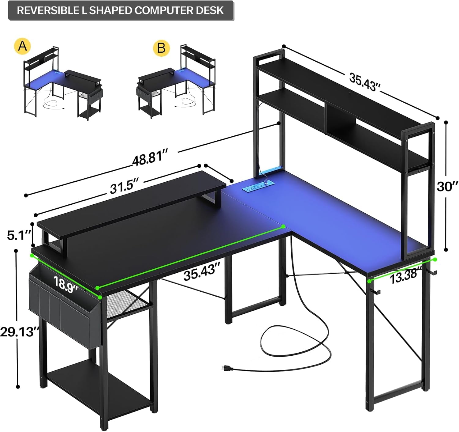 Small L Shaped Gaming Desk with LED Lights & Power Outlets, Reversible L-Shaped Computer Desk with Monitor Stand & Storage Shelf, Corner Desks Home Office Desk with Storage Bag, Black
