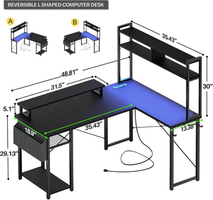 Small L Shaped Gaming Desk with LED Lights & Power Outlets, Reversible L-Shaped Computer Desk with Monitor Stand & Storage Shelf, Corner Desks Home Office Desk with Storage Bag, Black