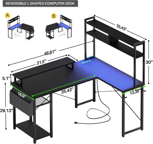 Small L Shaped Gaming Desk with LED Lights & Power Outlets, Reversible L-Shaped Computer Desk with Monitor Stand & Storage Shelf, Corner Desks Home Office Desk with Storage Bag, Black
