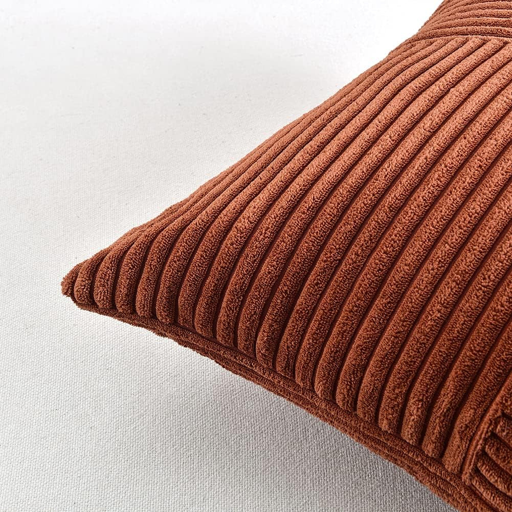 Rust Lumbar Decorative Throw Pillow Covers 12X20 Inch for Couch Bed Sofa, Rustic Farmhouse Boho Home Decor, Soft Striped Corduroy Rectangle Accent Terracotta Cushion Case 30X50 Cm