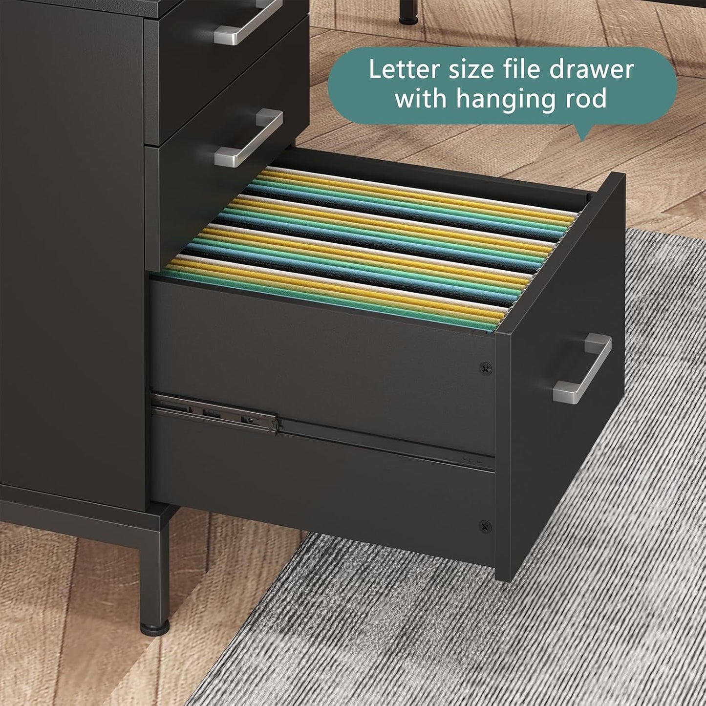 59’‘ L Shaped Desk with 6 Wood Drawers, Large Home Office Corner Computer Desk with Storage File Cabinet, Modern Metal Wood Desk for Executive Writing Study Workstation, Black