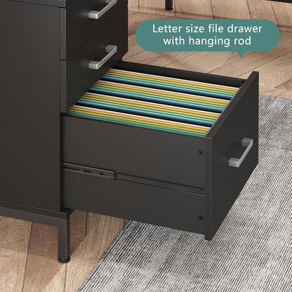59’‘ L Shaped Desk with 6 Wood Drawers, Large Home Office Corner Computer Desk with Storage File Cabinet, Modern Metal Wood Desk for Executive Writing Study Workstation, Black