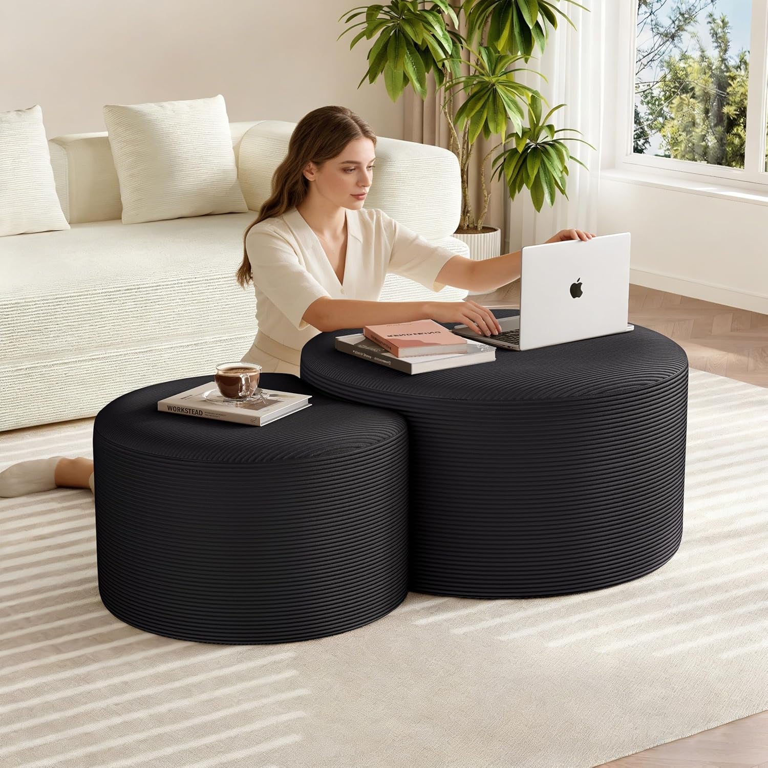 Nesting Coffee Table Set of 2, Upholstered round Corduroy Circle Foam round Side Table for Living Room, Entryway Set, 32"+17" Footrest No Assembly (Black, 32"+17")