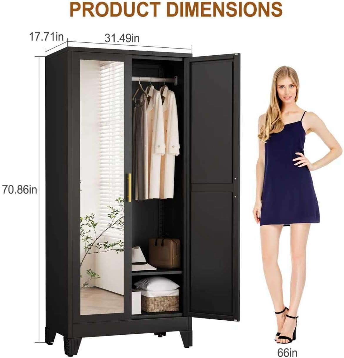 Metal Armoire Wardrobe Closet Storage Cabinet with Mirror Black, 71'' Wardrobe Cabinet with Hanging Rod Metal Closet with 2 Adjustable Shelves for Bedroom, Laundry Room, Cloak Room