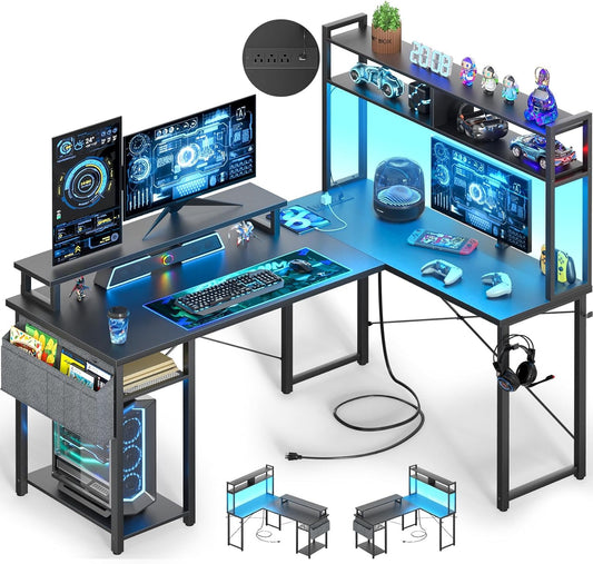 Small L Shaped Desk Gaming Desk with Power Outlets, 48" Reversible L Shaped LED Computer Desk with Monitor Stand & Storage Shelf, Corner Gamer Desk Home Office Desk with Storage Bag, Black