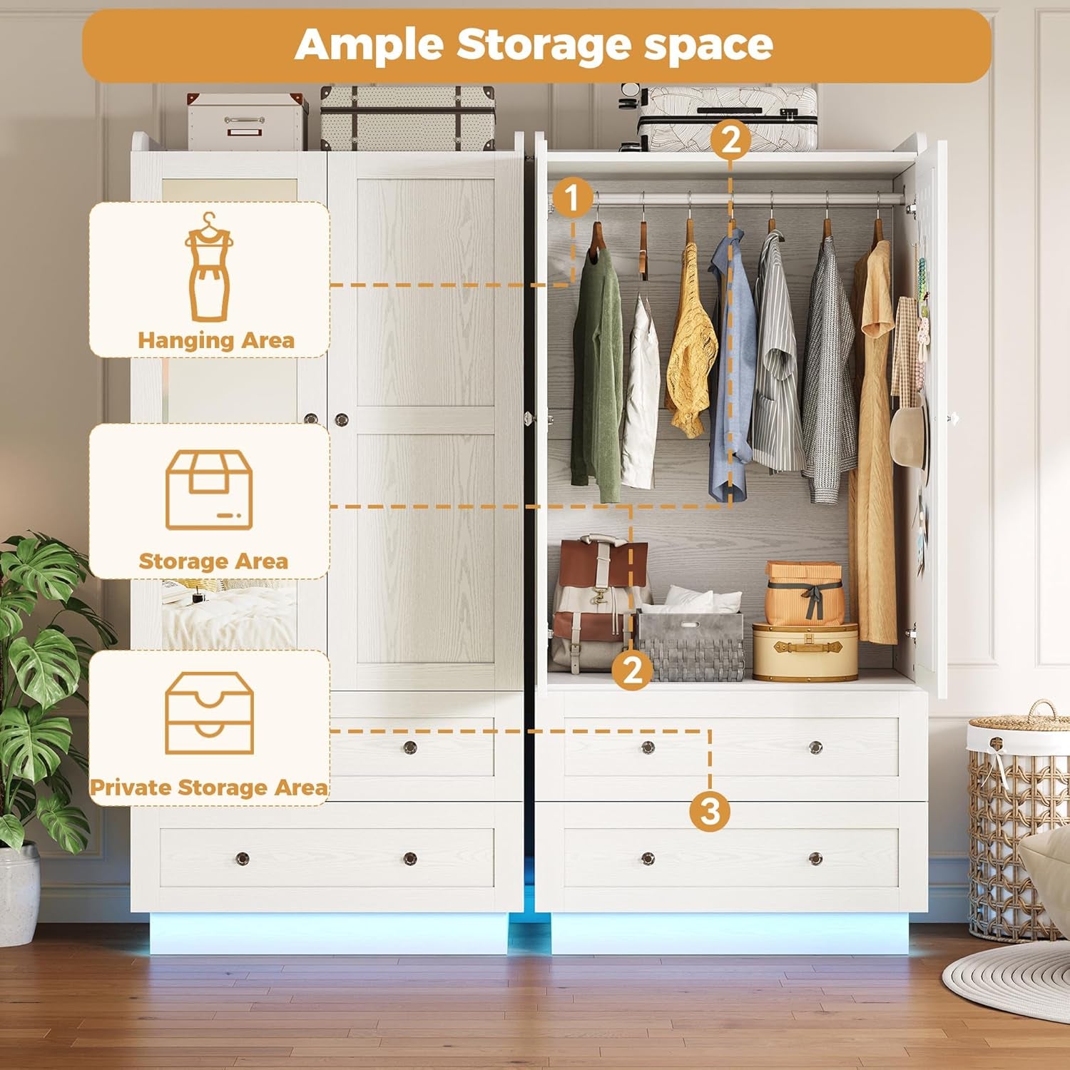 Wardrobe Closet with LED Light & Mirror, Wooden Modern Armoire with 2 Drawers and Hanging Rod, Large Capacity Storage Closet for Bedroom, White