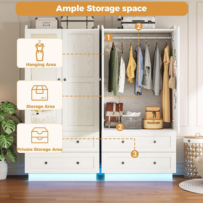 Wardrobe Closet with LED Light & Mirror, Wooden Modern Armoire with 2 Drawers and Hanging Rod, Large Capacity Storage Closet for Bedroom, White