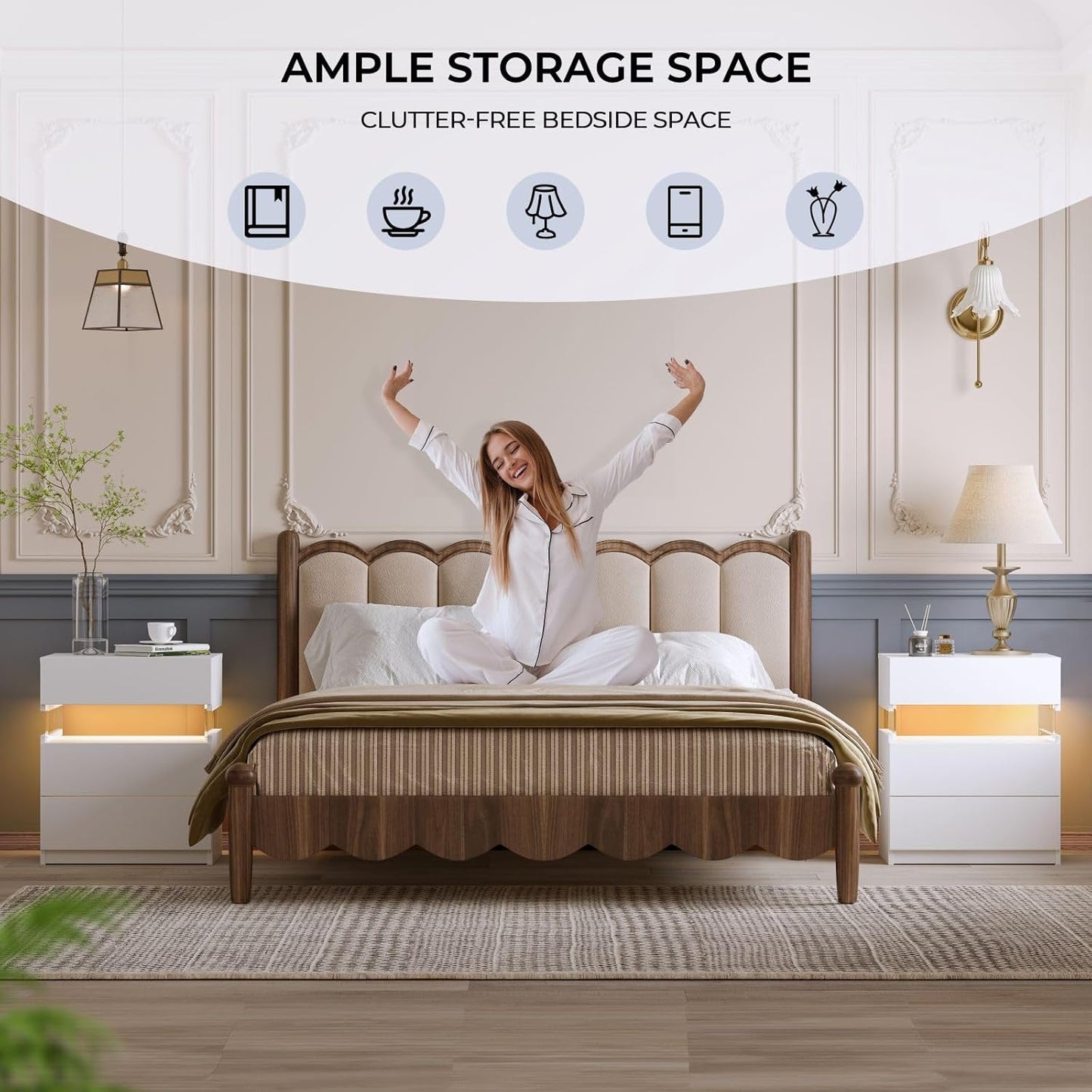 White LED Nightstand Set of 2,Night Stand Set 2,Modern Night Stand with 3 Drawers,Night Stands for Bedroom Set of 2,Bedside Table with Silent Slide Drawer