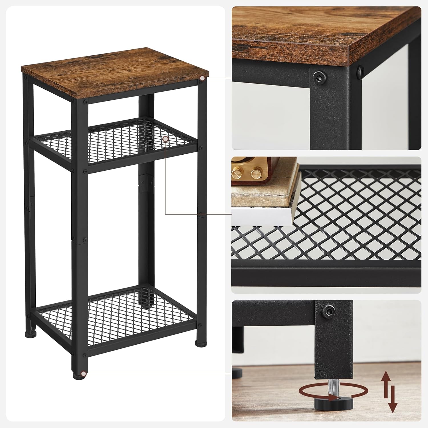 3-Tier Tall Side Table, Small Telephone End Table Stand with 2 Mesh Storage Shelves for Office, Bedroom, Living Room, Kitchen Cart, Rustic Brown and Black